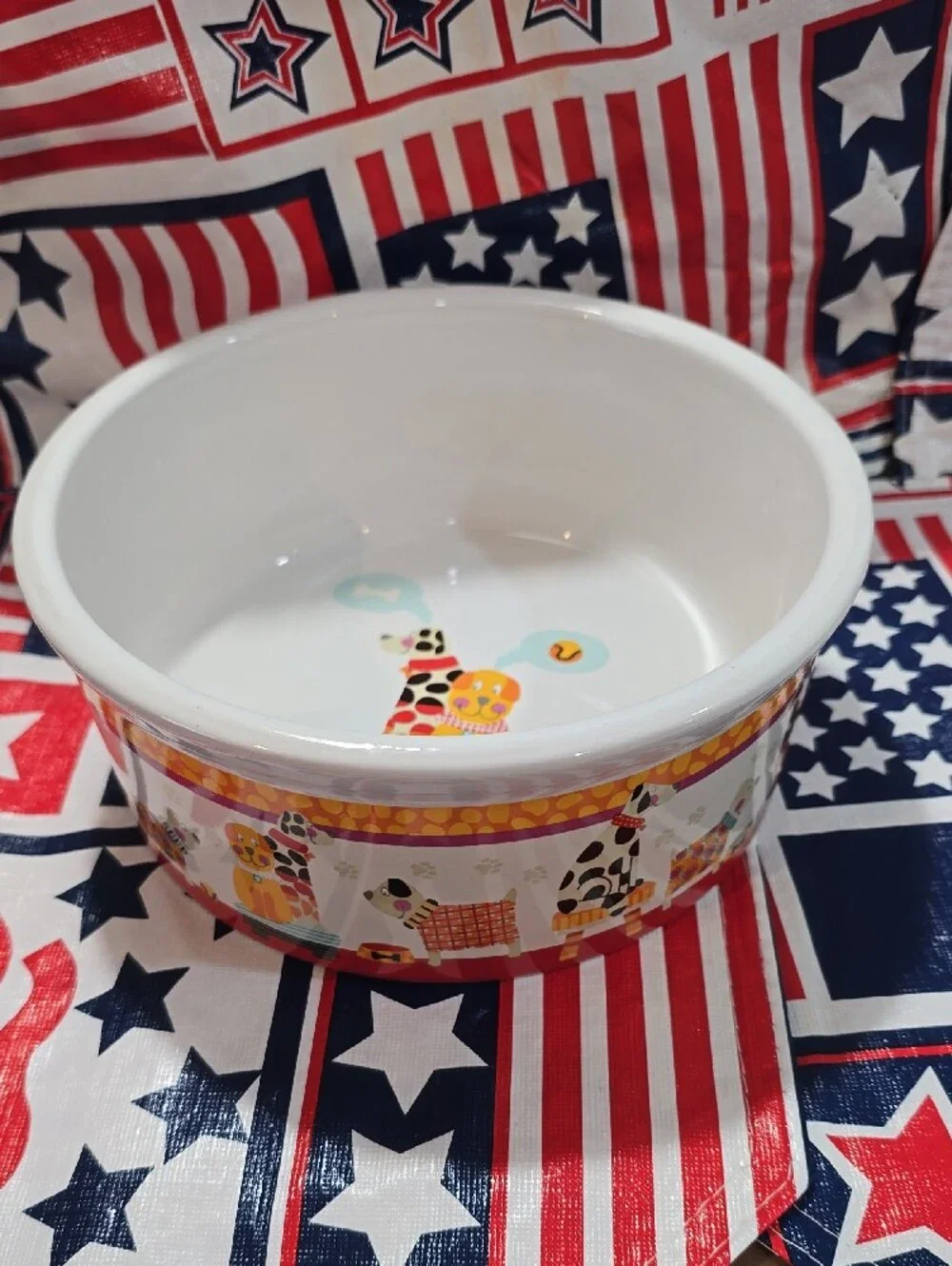 White Ceramic Dog Bowl with Colorful Dog Illustration